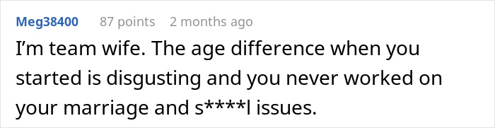 Comment expressing support for wife and criticizing husband for age difference and marriage issues after refusal of intimacy for 5 years.