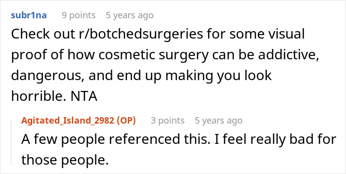 Screenshot of an online discussion warning about the dangers and a*******n of plastic surgeries with harsh opinions.