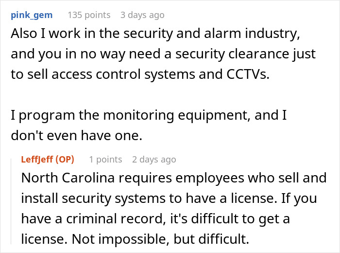 Screenshot of a Reddit conversation discussing security clearance and licensing requirements for selling security systems. Screenshot of a Reddit conversation discussing security clearance and licensing requirements for selling security systems.