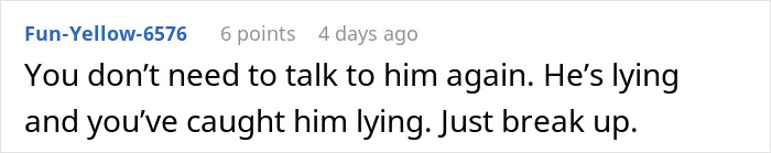 Screenshot of a comment discussing suspicion and trust issues after a man&rsquo;s suspicious work trip in a relationship.