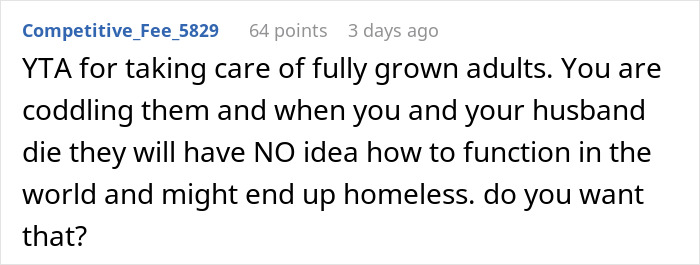 Comment discussing husband retirement children finances and concerns about adult children&rsquo;s independence and future.