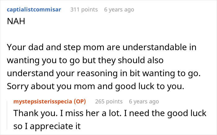 Comment discussing a sad teen who refuses to visit special needs stepsister in the hospital, expressing mixed feelings.