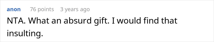 Screenshot of an online comment reacting to a plastic-surgery gift card offered by a looks-obsessed sister.