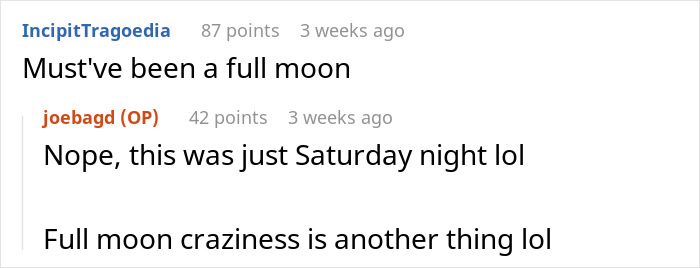 Screenshot of a Reddit conversation discussing a chaotic night related to a Karen patient in the ER situation.