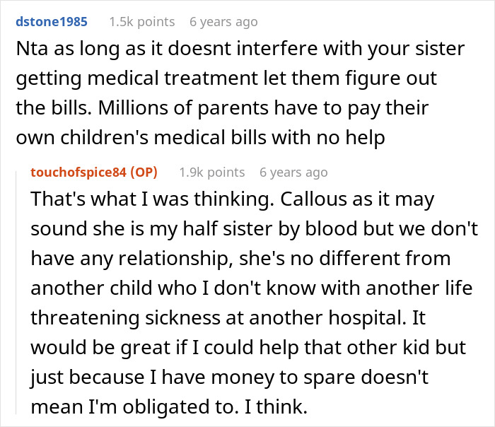 Reddit comments discussing woman refusing to pay for dad&rsquo;s lovechild&rsquo;s surgery with inheritance money.