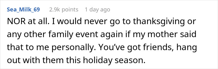 Screenshot of a social media comment about skipping Thanksgiving due to an embarrassing message from a mother. Screenshot of a social media comment about skipping Thanksgiving due to an embarrassing message from a mother.
