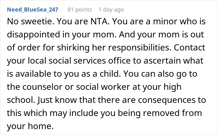 Comment on parenting retirement, where a 17-year-old calls out mom for making kids buy their own food.
