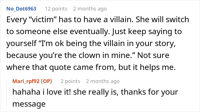 Screenshot of an online discussion about MIL playing the victim while family cuts contact with gay couple.