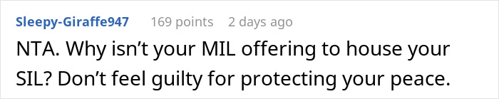 Screenshot of an online comment discussing a woman refusing to let her homeless sister-in-law move in.