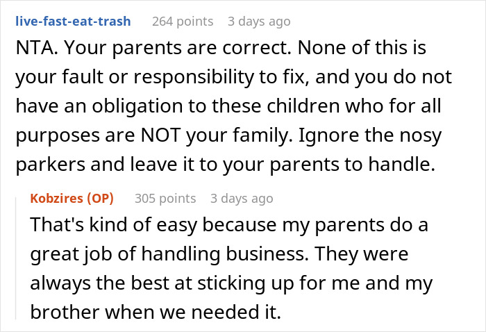 Screenshot of a Reddit conversation about parents wanting their abandoned son to play happy family with siblings.