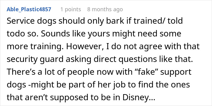 Comment discussing Disneyland security questions about disabled woman bringing a service dog and concerns over fake support dogs.