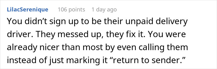 Comment on delivery issue, stating the company&rsquo;s mistake and refusal to cover return shipping costs by wrong address recipient.