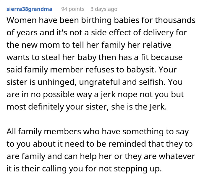 Reddit comment discussing sibling refusing newborn nephew care, highlighting family tensions and babysitting conflicts.