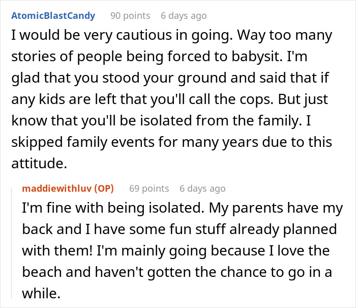 Comments from childfree cousin about family trying to dump kids during vacation and threatening to call cops.