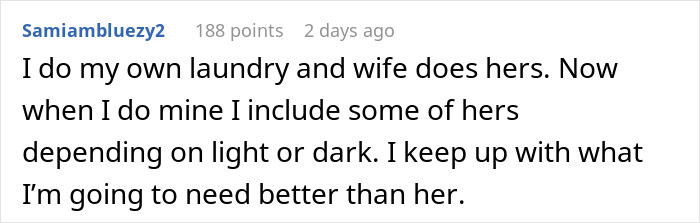 Screenshot of an online comment where a man discusses doing laundry and comparing his needs to his wife's, reflecting attitudes of treating spouse like a servant.