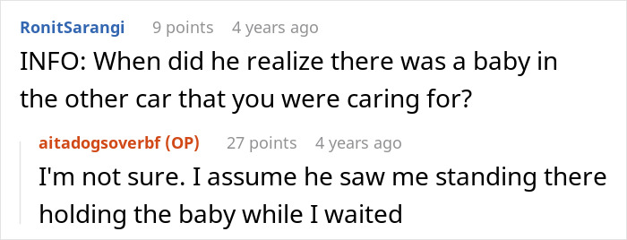 Screenshot of an online discussion about a nurse girlfriend prioritizing dogs and a baby during a car crash incident.