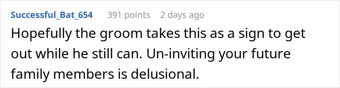 Comment text about a spiritual bride facing backlash after a chaotic decision two weeks before the wedding.
