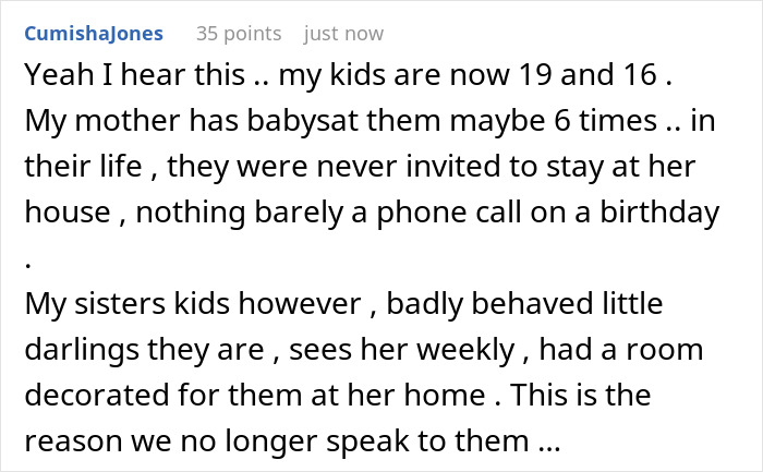 Comment describing MIL admitting to a favorite grandchild and treating others like burdens, causing family tension.
