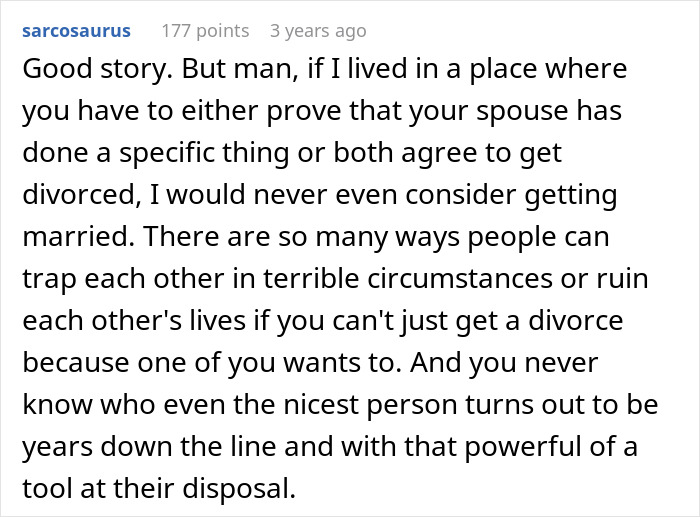 Screenshot of a forum comment discussing difficulties in proving cheating and divorce, expressing a man happy about ex-wife caught cheating.