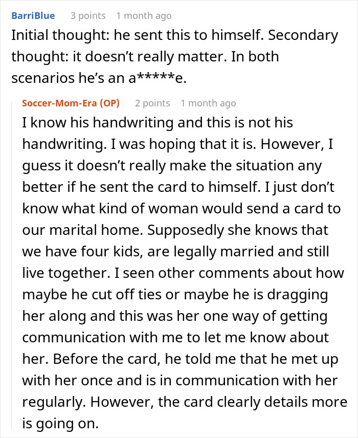 Reddit comments discussing a man finding a girlfriend while working things out with his wife amid relationship struggles.