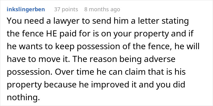 Comment discussing the need for a lawyer regarding a neighbor replacing a rotten fence without agreement.