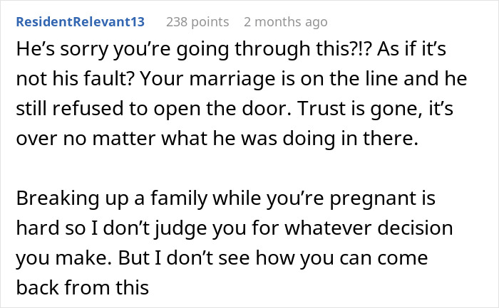 Screenshot of a forum comment discussing a pregnant wife&rsquo;s suspicion about her husband&rsquo;s locked office and defensive behavior.