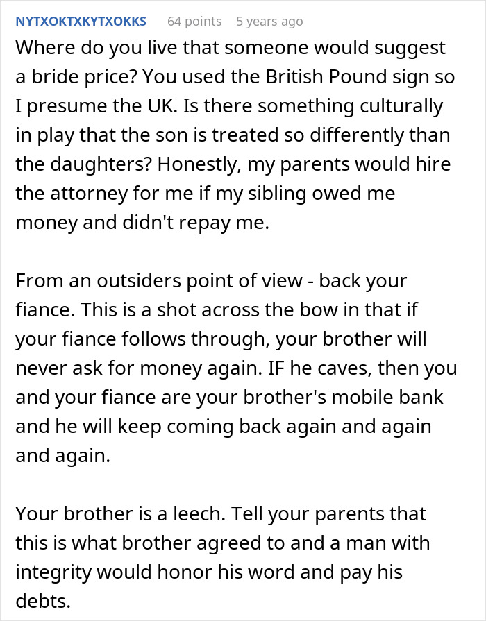 Text discussing bride&rsquo;s family conflict as fianc&eacute; threatens legal action over her brother&rsquo;s unpaid debt.