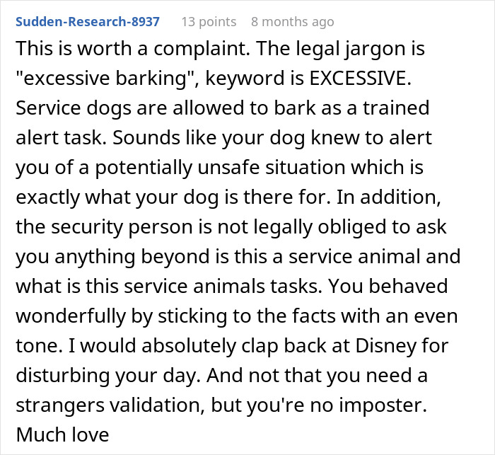 Reddit comment discussing Disneyland security questions about a disabled woman bringing a service dog and related legal rights.