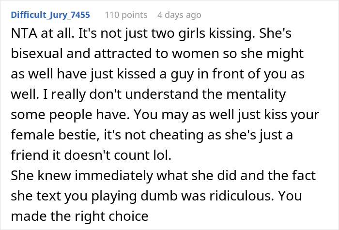Comment discussing a girlfriend kissing another woman in front of friends and relationship trust issues.