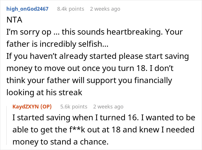 Reddit conversation discussing a teen giving father a reality check on his 50th birthday, revealing emotional conflict.