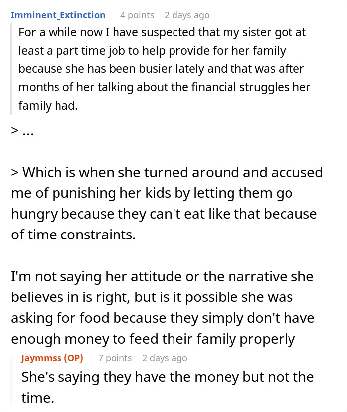 Reddit conversation showing trad wife sister upset about brother doing womanly tasks and refusing to cook for family.