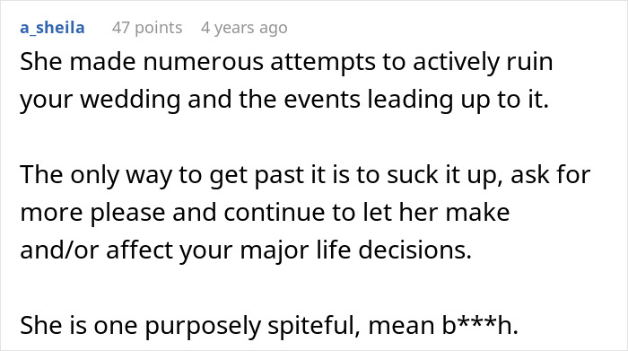 Comment highlighting a son’s frustration with his mom’s behavior ruining his wedding day and major life decisions. Comment highlighting a son’s frustration with his mom’s behavior ruining his wedding day and major life decisions.