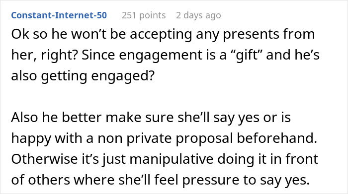 Man thinks proposal counts as Christmas gift, gets reality check about engagement and gift expectations.