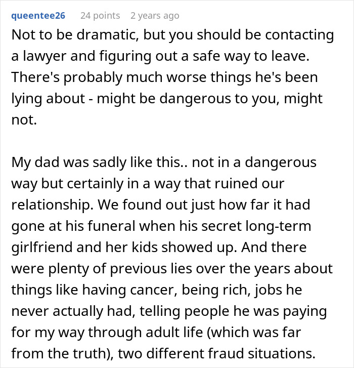 Comment discussing risks of partnering with a man lying about education and other personal truths uncovered by his wife.