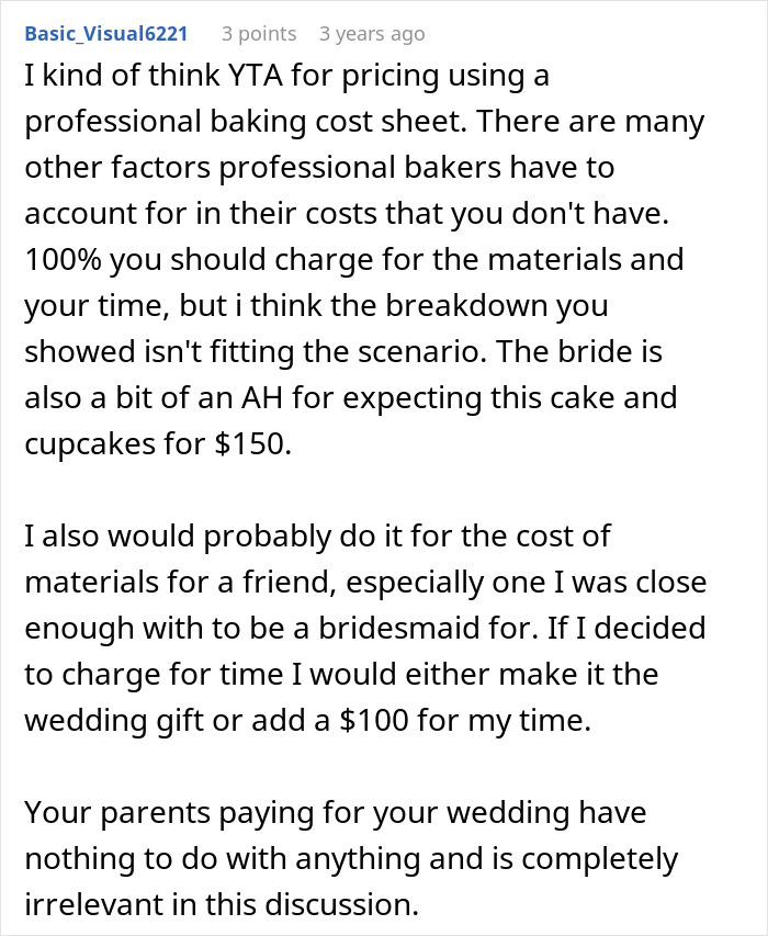 Text comment discussing the bride wanting to upgrade honeymoon at bridesmaid&rsquo;s expense and receiving a reality check.