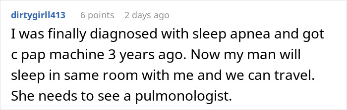 Screenshot of a forum comment discussing sleep apnea and dealing with a roommate&rsquo;s snoring disrupting sleep.