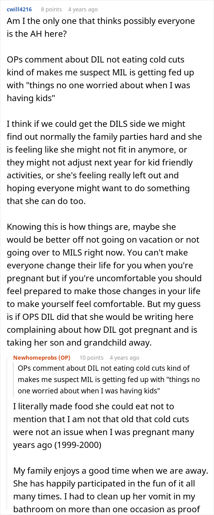 Reddit discussion about MIL and DIL conflict over pregnancy complaints and family party adjustments.