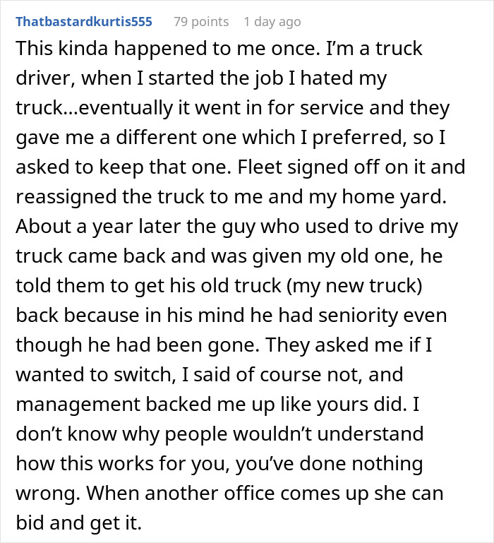 Comment about a woman expecting her private office back after working from home for 2 years, facing a reality check.