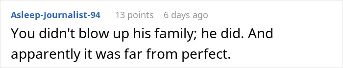 Screenshot of a comment discussing a woman exposing a cheating boyfriend with wife and six kids, feeling guilty after sending receipts.