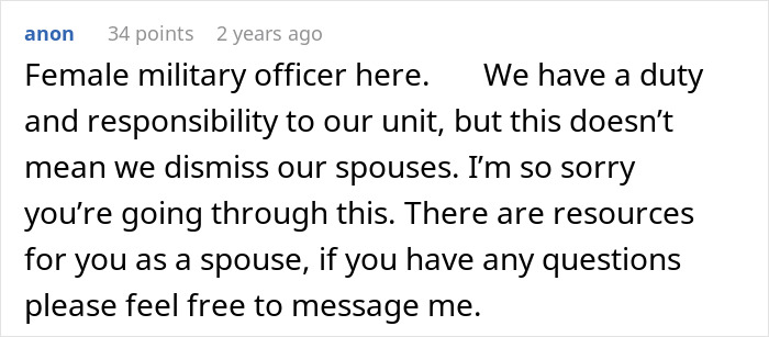 Comment from a female military officer offering support and resources to spouses dealing with difficult situations.