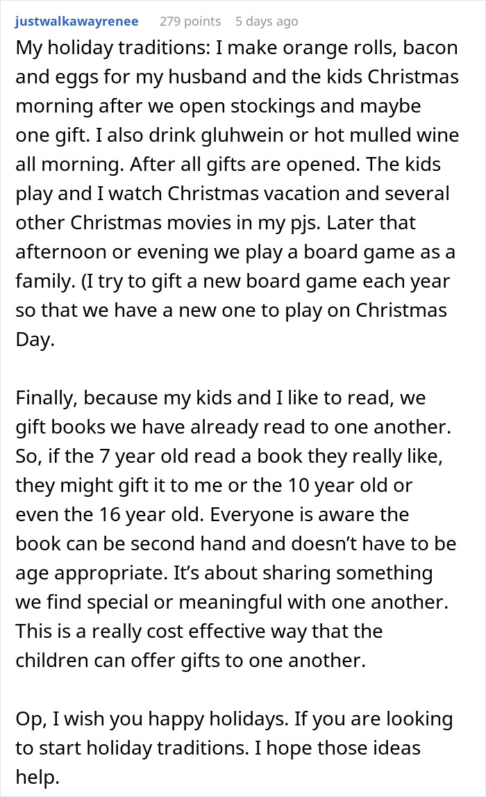 Screenshot of a Reddit post sharing family holiday traditions, reflecting on a woman excluding sick DIL from holiday. Screenshot of a Reddit post sharing family holiday traditions, reflecting on a woman excluding sick DIL from holiday.