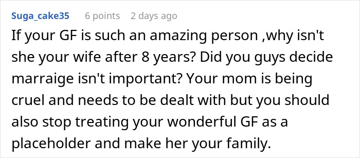 Screenshot of a Reddit comment discussing a man cutting ties with his mother after she reveals true colors through texts.