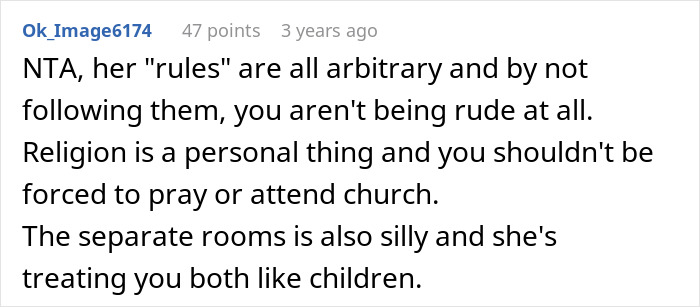 Comment discussing MIL making son's girlfriend sleep in a different room due to not praying or going to church, calling rules arbitrary.