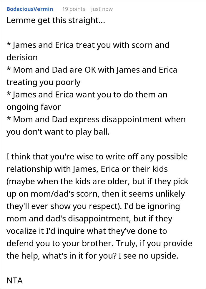 Comment discussing a golden child brother entitled to free meals and the scapegoat sibling refusing to comply.