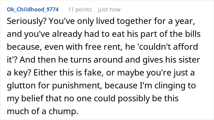 Screenshot of a Reddit comment discussing a guy giving his sister a key to his girlfriend&rsquo;s house causing frustration.