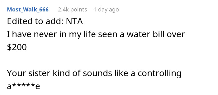 Comment discussing high water bills and calling a sister controlling, related to refusing to bring expensive food Thanksgiving.