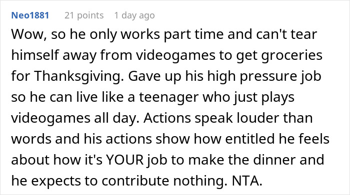 Comment discussing husband unable to handle pressure of Thanksgiving shopping, highlighting entitlement and part-time work.