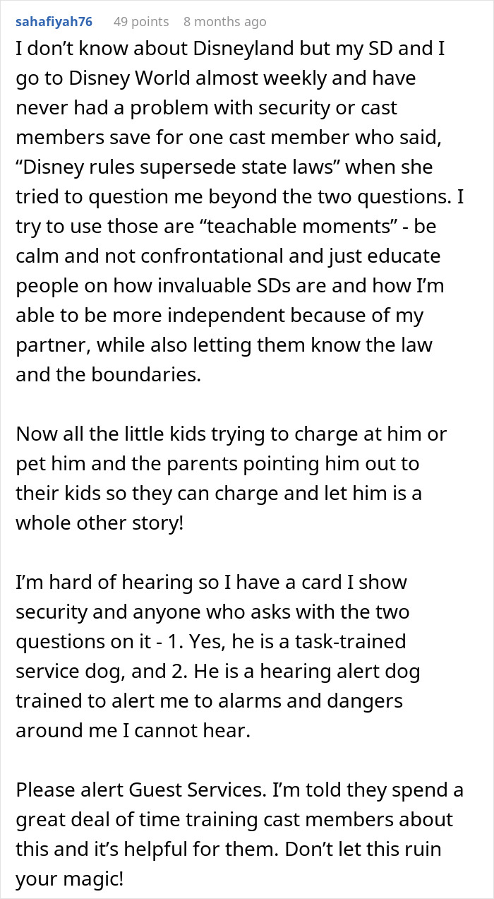 Commenter shares experiences with Disneyland security questions about service dogs for disabled guests and educating staff.
