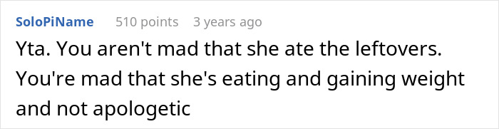 Screenshot of an online comment discussing a man snapping at his girlfriend after she eats all the leftovers and gains weight.
