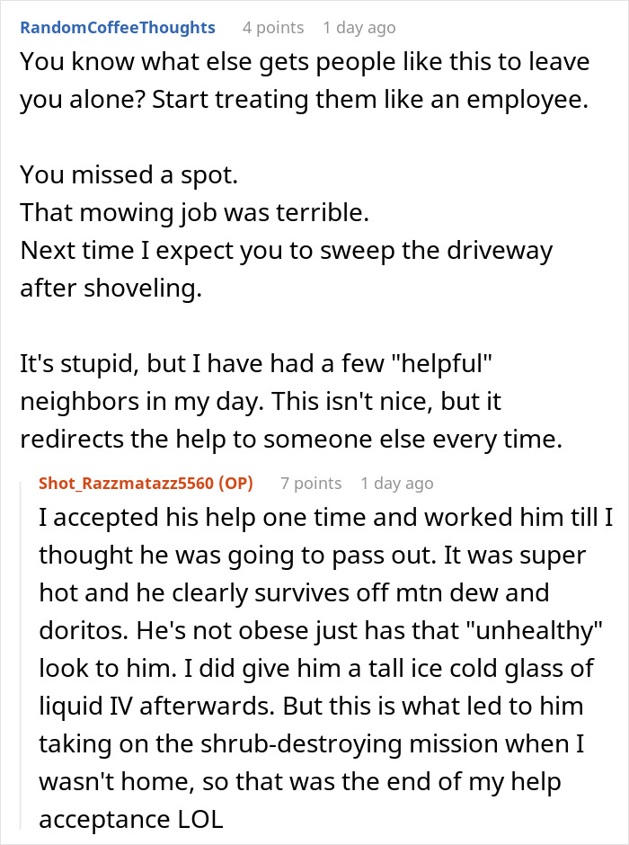 Reddit conversation about neighbors offering unwanted help and a woman using a car panic alarm for revenge early in the morning.